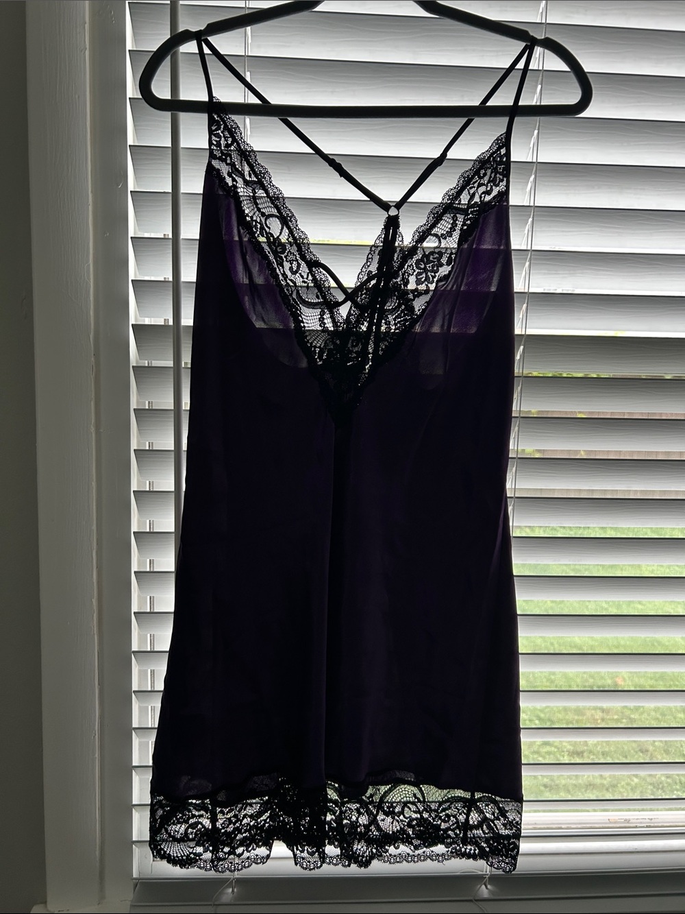 Lace Trim Satin Chemise Slip - Black and Deep Purple
